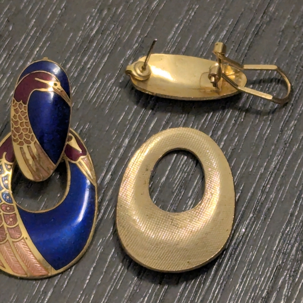 🐦 Vintage Cloisonné Enamel Crane Statement Earrings | 1970s Asian Motif - Picture 5 of 6